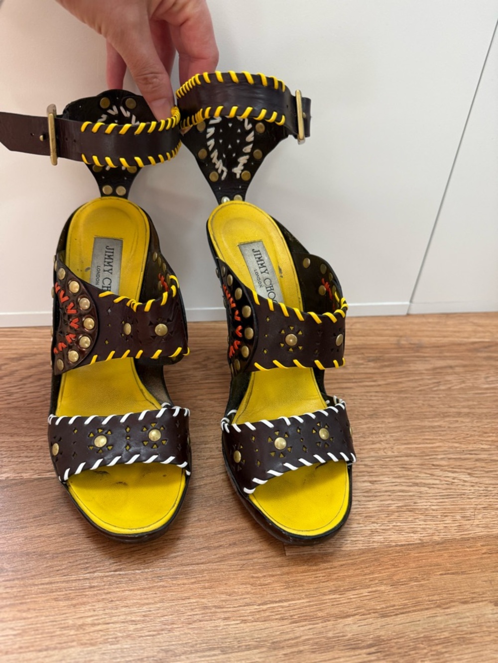 Jimmy Choo Brown and Yellow Studded Leather Heels